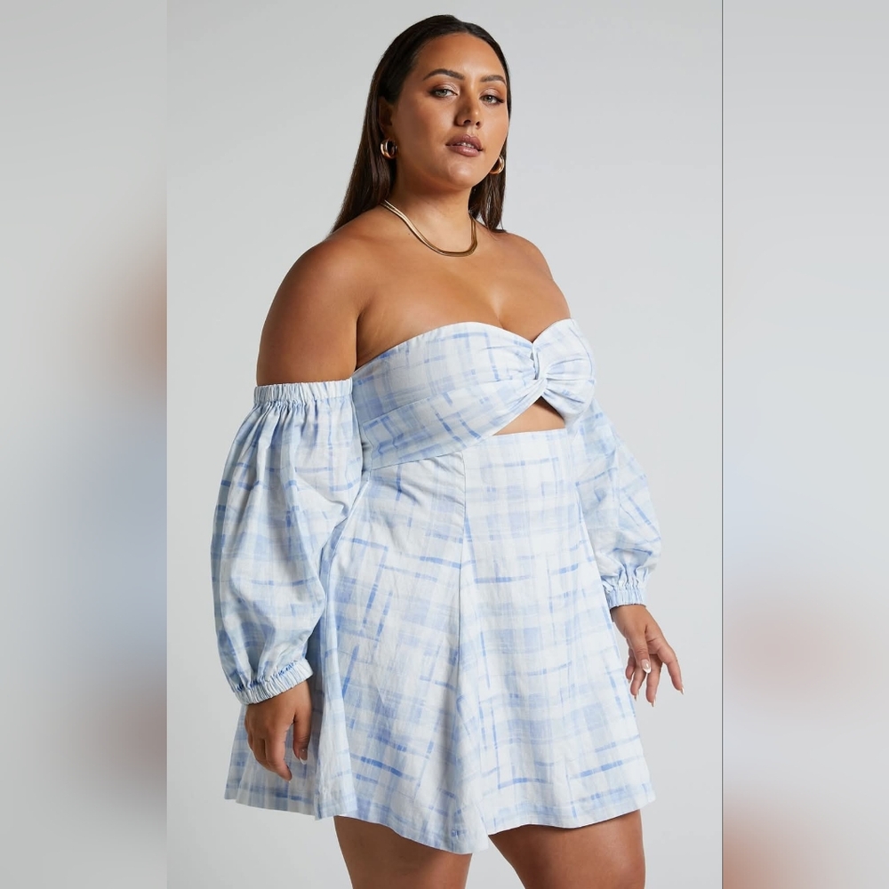 Amalie The Label - Emerita Linen Blend Off Shoulder Puff Sleeve Twist Mini Dress